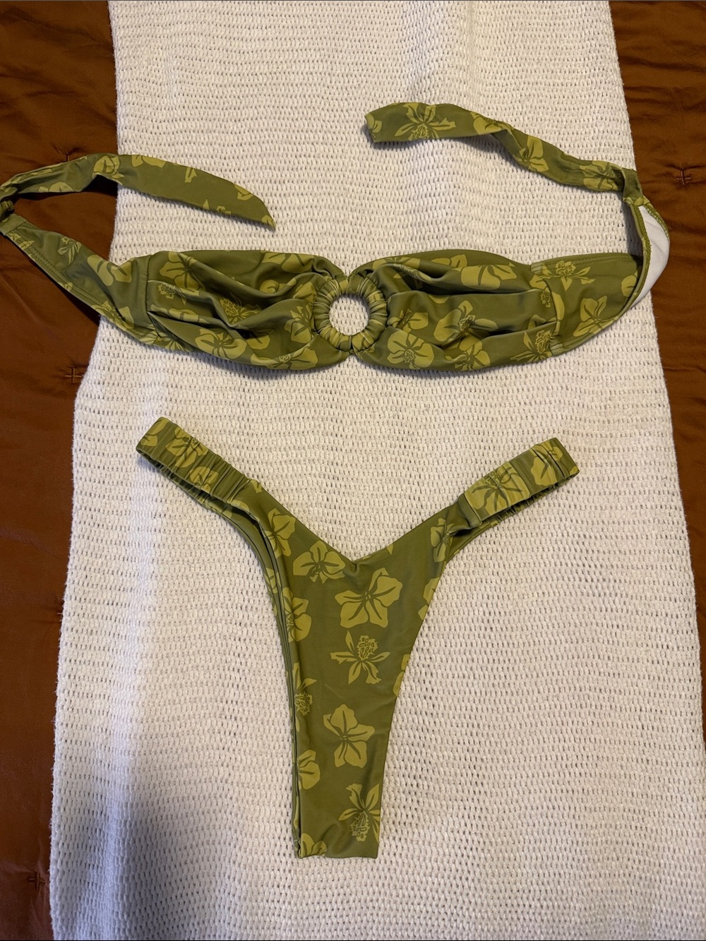 Olive Green Floral Ring-Front Bikini Set